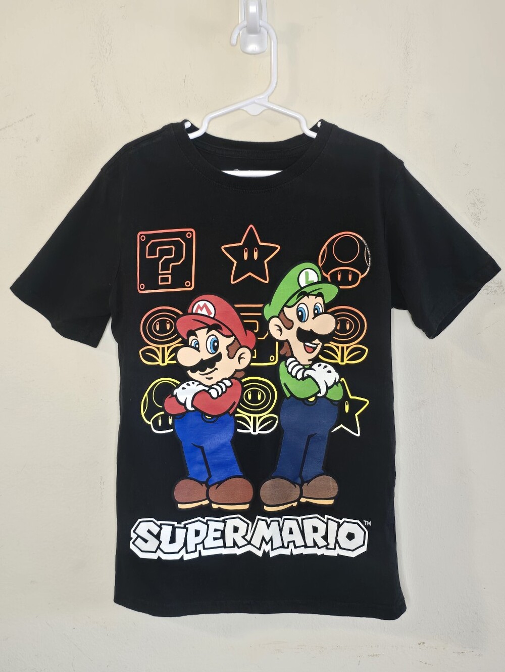 Super Mario T-Shirt Kids M 7/8 Black Mario Luigi Graphic Nintendo Gaming Tee Top